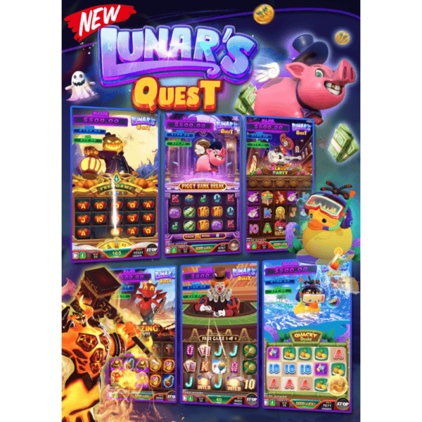 Lunar's Quest advertising flyer displaying each of the six games playable on this title.