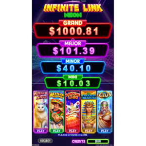 Infinite Link Neon game selection screen displaying 4 progressive jackpots and 5 different skill games to play.