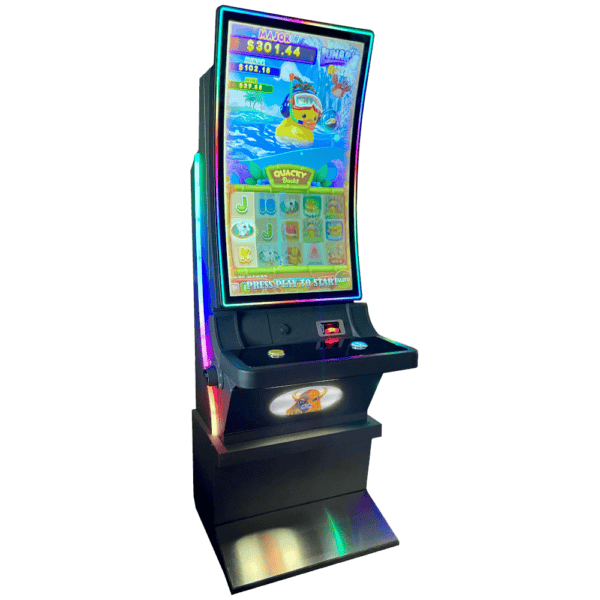 Metal gaming machine with curved monitor and color changing LED lights.