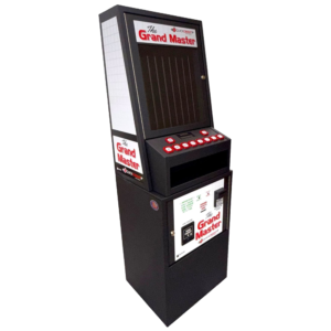Grand Master 8 Column metal pull tab dispensing machine in color black with with and red decals and accents.